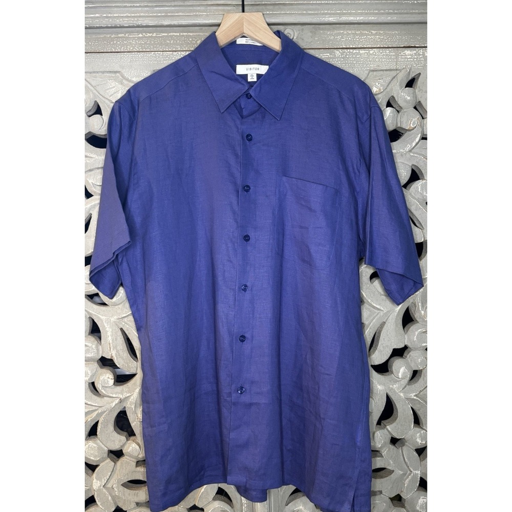 Visitor 100% Linen Button Up Shirt Mens XL Blue Short Sleeve Camp Casual Pocket